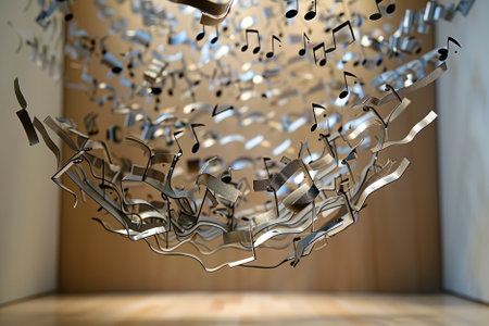 3d render, music notes flying in the air, abstract backgroundの写真素材