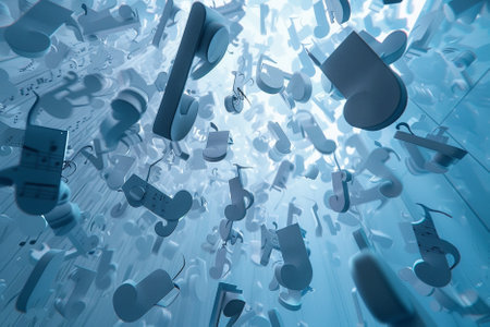 Music notes falling in the air. 3d illustration. Blue background.