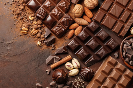 Different delicious chocolate bars and nuts on grey background, closeup viewの写真素材