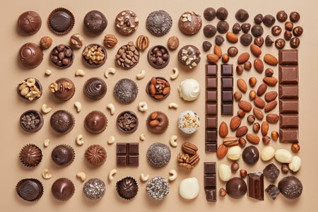 Assorted chocolates on a beige background, top view