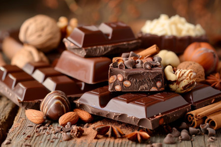 Chocolate with nuts and spices on wooden background, close-up