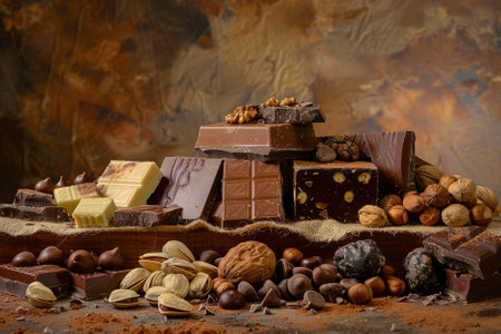 Chocolate, nuts and cocoa on a brown background. Selective focus.の写真素材
