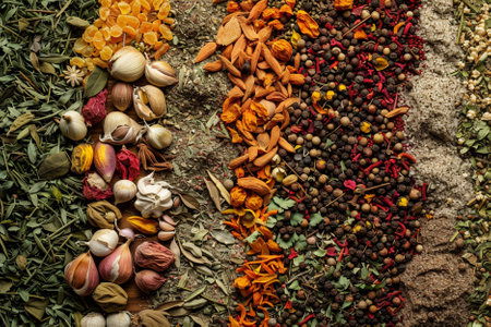 Spices and herbs on wooden background. Food and cuisine ingredients.の写真素材