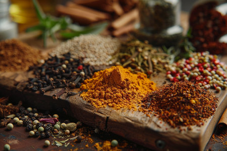 Spices and herbs on a wooden background. Food and cuisine ingredients.の写真素材