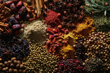 Spices and herbs on wooden background. Food and cuisine ingredients.