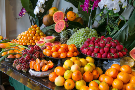Fruits on the table in a restaurant. Tropical fruit background.の写真素材