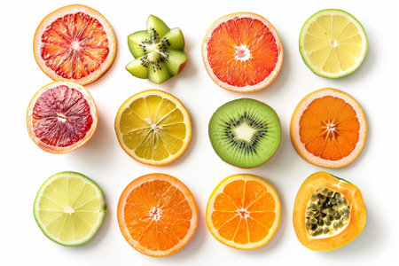 various citrus fruits (orange, grapefruit, kiwi, lemon, lime) isolated on white background