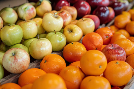 Fresh apples and oranges on display in a market stall. Selective focus.
