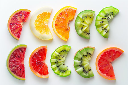 Slices of kiwi, grapefruit and orange on a white background
