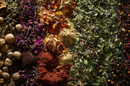 Variety of spices and herbs over wooden background. Top view.の写真素材