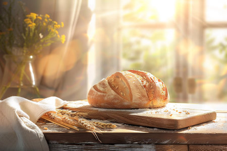 Freshly baked loaf of bread on wooden table in bakery, closeupの写真素材