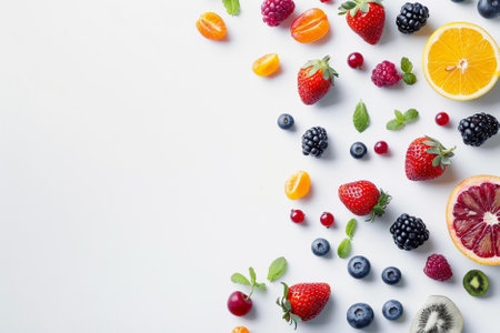 Fruits and berries on white background, flat lay. Space for text