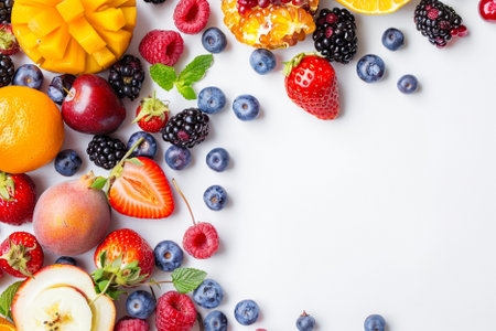 Fresh fruits and berries on white background, top view. Healthy food