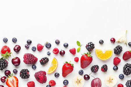 Fruits and berries on white background, top view, copy space