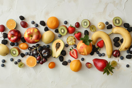 Composition with different fresh fruits on white textured background, top viewの写真素材