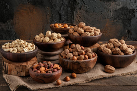 Variety of nuts in wooden bowls on rustic wooden background.の写真素材
