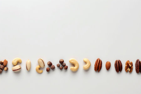 Composition with different nuts on white background, top view. Space for textの写真素材