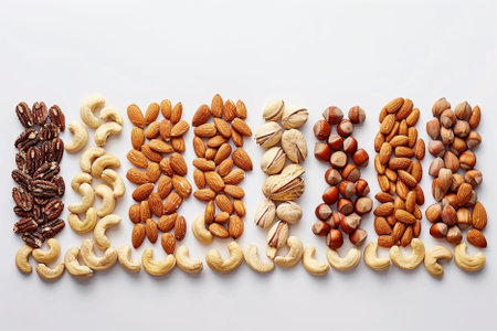 Almonds, cashew nuts, pistachios on white background