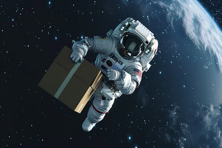 Astronaut holding a box in his hands. 3D renderingの写真素材