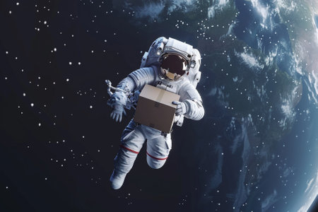 Astronaut in outer space with carton box. Mixed mediaの写真素材