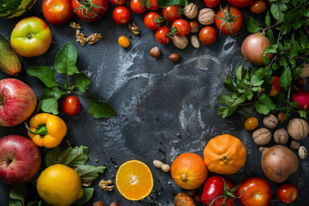 Fresh vegetables and fruits on dark background. Top view, copy spaceの写真素材