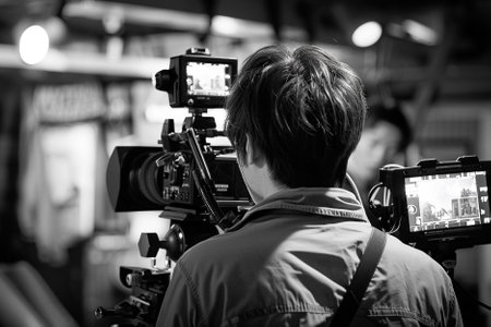Behind the scenes of a movie or TV production. Filmmaking.の写真素材