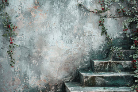 Staircase with ivy on grunge wall backgroundの写真素材