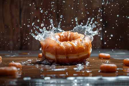 Fresh food with splashes of liquid on a dark wooden background.の写真素材