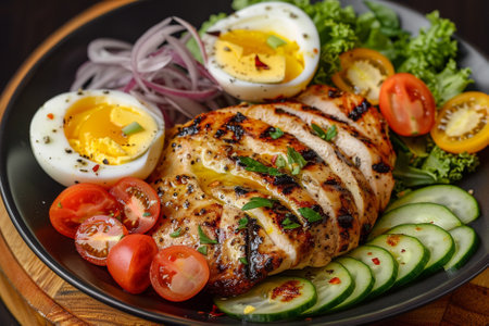 Grilled chicken breast with egg, cucumber, tomato and onionの写真素材