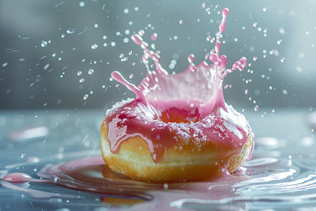Donut with pink glaze and drops of water on a gray backgroundの写真素材