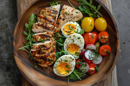 Grilled chicken breast with boiled egg, tomatoes and arugula saladの写真素材