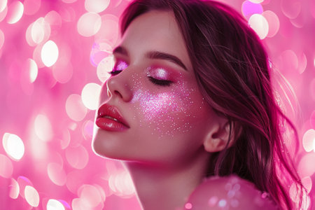 Fashion portrait of a beautiful young woman with bright makeup and pink lips.の写真素材