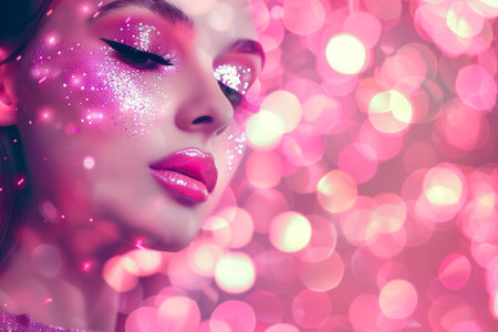 Portrait of a beautiful woman with bright make-up and sparkles on her face.の写真素材