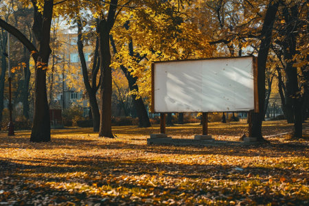 Empty billboard in the autumn park with yellow leaves and trees in the background.の写真素材