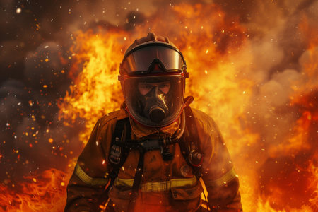 Firefighter in protective mask and helmet. Firefighter in fire.の写真素材