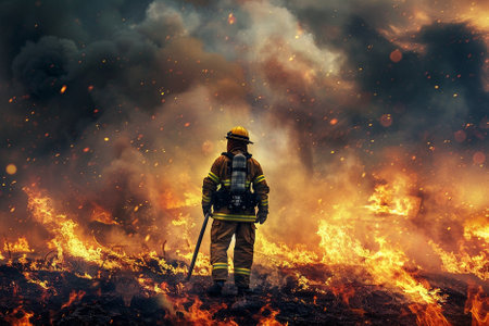 Firefighter in action against the background of a burning field and smokeの写真素材