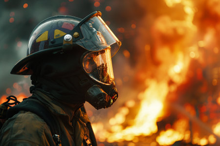 Firefighter with protective helmet and gas mask on the background of burning forest.