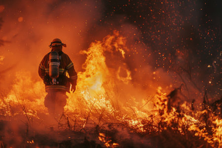 Firefighter fighting a fire in the forest. Firefighters fighting a fire.の写真素材