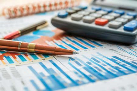 financial charts and graphs on the table with calculator and pen, business concept