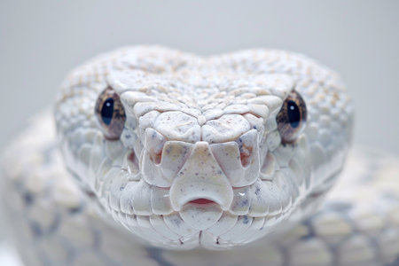 Close up of a white snake on a white background, Thailand.