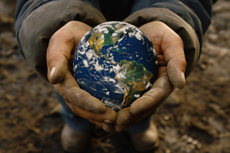 Hands holding a globe on the background of the earth in the mud