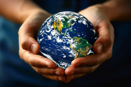 Human hands holding Earth planet. Elements of this image furnished by NASAの写真素材