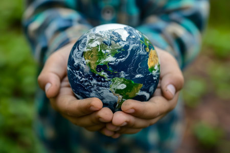 Globe in the hands of a child. Save the planet.の写真素材