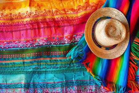 Mexican sombrero hat and colorful sarong on the tableの写真素材