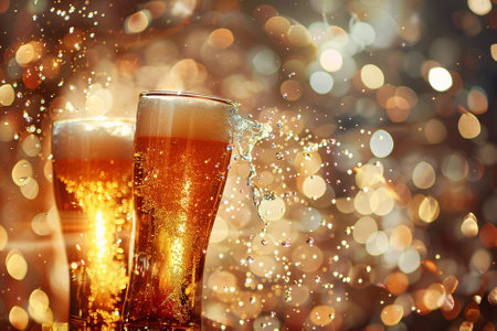 Two glasses of beer with splashes on bokeh background.