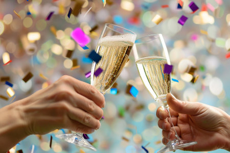 Glasses of champagne with colorful confetti on bokeh backgroundの写真素材