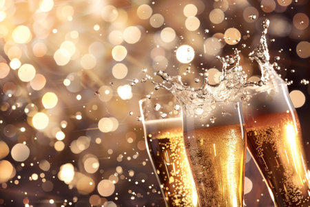 Two glasses of champagne with splash on bokeh background. New Year conceptの写真素材