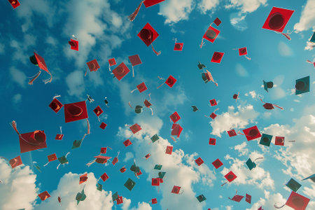 Kites flying in the blue sky with clouds. 3d renderingの写真素材