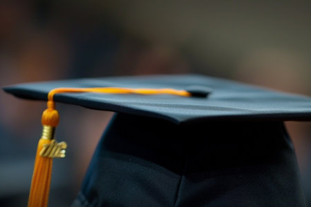 Graduation cap with yellow tassel, shallow depth of field