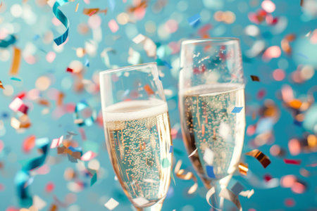 Glasses of champagne with confetti and ribbons on blue backgroundの写真素材